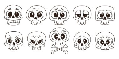 Beyaz arka planda, farklı duygulara sahip komik kafatası setleri.