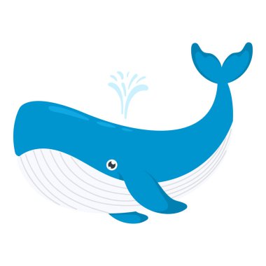 Gülen mavi balina, su sıçratan çizgi film çizimi. Beyaz arkaplanda izole edilmiş, elle çizilmiş illüstrasyon