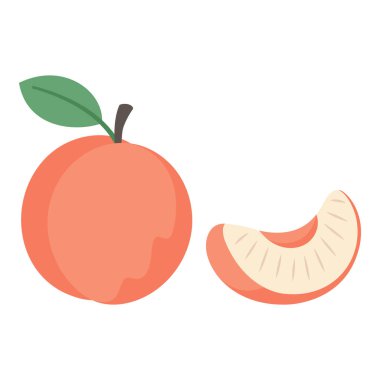 Şeftali ve dilimin düz vektör çizimi. Çocuk içeriği, görsel tarifler ve meyve temalı grafikler için şirin ve minimalist bir şekilde