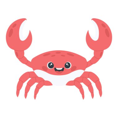 Beyaz arkaplanda izole edilmiş mutlu karikatür yengeç vektör çizimi. Çocuk projeleri ve eğitim materyalleri için sevimli bir okyanus hayvanı