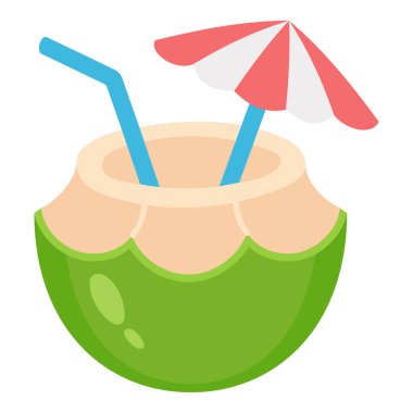 Yaz tasarımı için beyaz zemin üzerinde saman ve şemsiye ile el çizimi düz hindistan cevizi içeceği