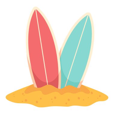 Beyaz arka planda kumda sörf tahtaları, seyahat posterleri ve tatil resimleri için parlak yaz plajı tasarımı