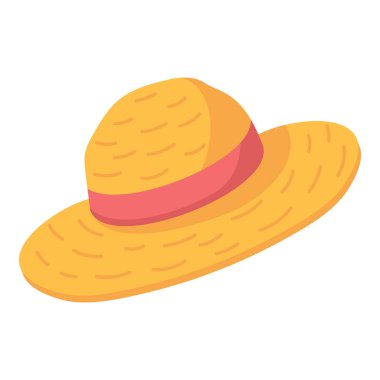 Sarı hasır şapkalı pembe kurdeleli düz vektör çizimi. Beyaz arka planda izole edilmiş yaz modası aksesuarı, tatil tasarımı için mükemmel.