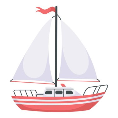 Beyaz arka planda el çizimi düz yelkenli. Yaz tasarımı için kırmızı çizgili yat zirvesi