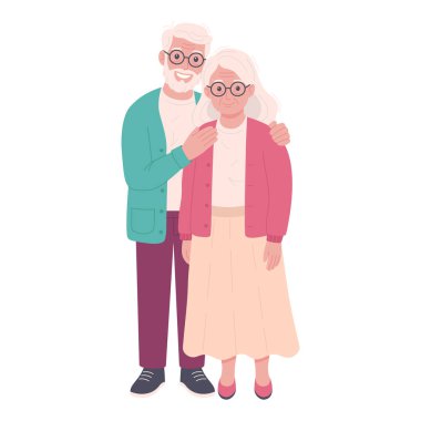 Birlikte duran mutlu yaşlı çift. Samimi giysiler içinde gülümseyen yaşlı erkek ve kadının yakınlık ve şefkat gösteren düz vektör karikatürü. Beyaz arkaplanda izole