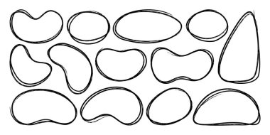 Elle çizilmiş siyah kalem çerçeveleri. Kalem vuruşu efektli grunge çizgileri. Vurgulama, aksan ve dekorasyon için karalama fırçaları. Vektör illüstrasyonu