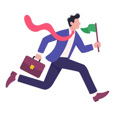 Yeşil bayrak ve evrak çantasıyla koşan iş adamı, liderlik, başarı ve motivasyonun düz vektör sembolü