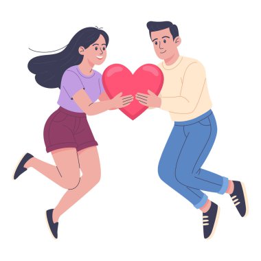 Kalbi bir arada tutan mutlu çift. Aşık genç adam ve kadının büyük kırmızı kalp sembolüyle yüzdüğü düz vektör karikatürü. Beyaz arka planda romantik ilişki kavramı