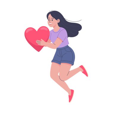 Beyaz arka planda izole edilmiş, zıplarken kalbini neşeyle tutan genç bir kadının düz vektör çizimi.