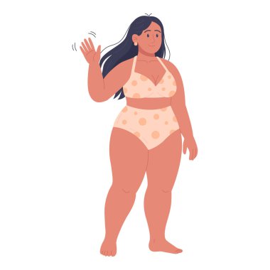 Beyaz arka planda izole edilmiş polka noktalı mayo giyen bir kadının düz vektör çizimi. Kumsaldaki kız kavramı, tombul kız.