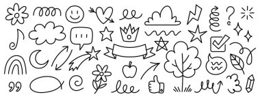 El çizimi elementler ayarlandı. Oklar, yıldızlar, bulutlar, konuşma baloncukları, çiçekler, kontrol işaretleri ve soyut simgeler dahil olmak üzere eğlenceli siyah ana hatlı semboller. Dekorasyon için vektör çizim biçimi, sosyal medya, o