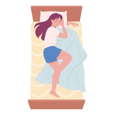 Yatağın üstünde uyuyan kız. Beyaz arka planda el çizimi. Ruh sağlığı, uyku hijyeni, posterler, baskılar, çıkartmalar için düz vektör biçimi