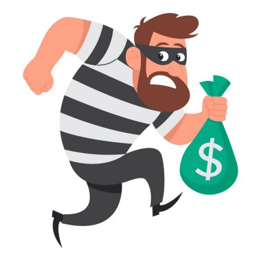 Bir çanta parayla kaçan bir hırsız. Düz elle çizilmiş suçlu karakter beyaz arkaplanda izole edildi