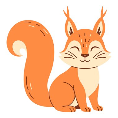 Şirin sincap gülümsüyor. Düz elli, beyaz arka planda büyük kuyruklu bir orman hayvanı karakteri.