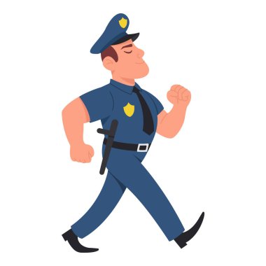 Polis güvenle yürür. Düz vektör kolluk kuvvetleri memuru beyaz arka planda izole edildi. Posterler, bilgi grafikleri ve eğitim materyalleri için karakter