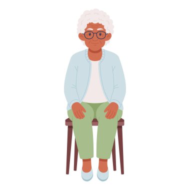 Sandalyede oturan yaşlı bir kadın. Beyaz arka planda izole edilmiş yaşlı bir kadının düz elle çizilmiş vektör çizimi
