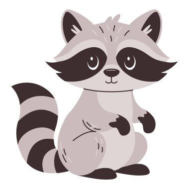 Rakun oturuyor. Düz elle çizilmiş orman hayvanı karakteri beyaz arka planda izole edilmiş.