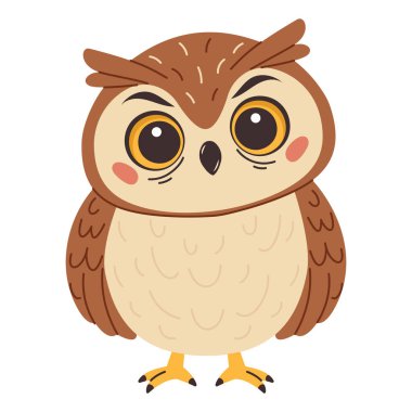 Baykuş, ön manzara. Düz elle çizilmiş vektör kuşu beyaz arkaplanda izole edildi