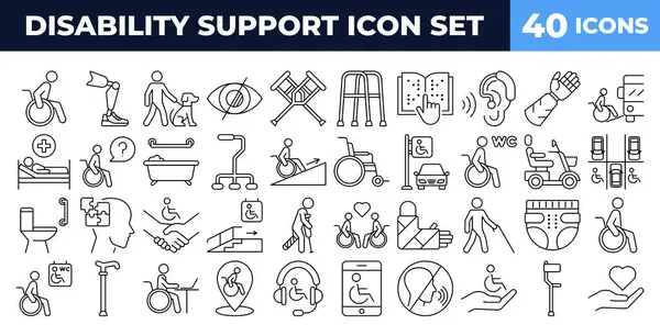 Engelliler için düzenlenebilir satır simgeleri. Vektör illüstrasyonu engellilik, fiziksel ve zihinsel gelişim ve asistan aygıtlarla ilgili simgeler içerir