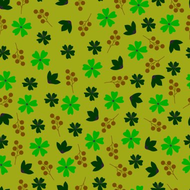 Çiçeksiz desenli. Enfes skandal kır çiçekleri, yapraklar ve tohumlar. Zarif yeşillik sürekli yüzey deseni