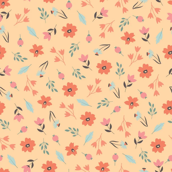 Allover Florales Nahtloses Muster Laub Strukturierte Hintergrundgestaltung Von Scandi Wildblumen — Stockvektor
