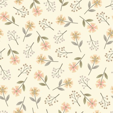 Çiçeksiz yüzey deseninde kır çiçekleri, böğürtlen ve yapraklar var. Bej arka planda yabani çiçeklerin tüm çiçek baskıları. 