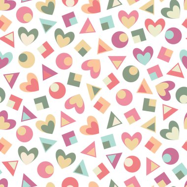Sevgililer Günü 'nde çok renkli geometrik kalp şekillerinin kusursuz dizaynı. Düğün, yıldönümü, bayram kutlamaları için romantik desenli arka plan.