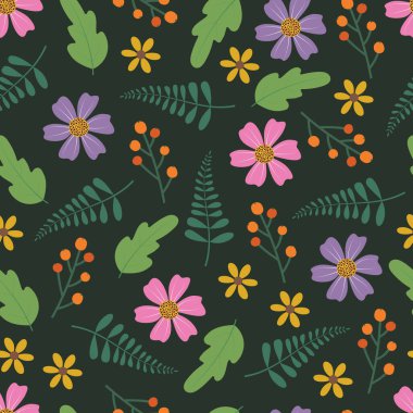 Millefleur çiçekli, dikişsiz desen. Yaban çiçeklerinin yüzey tasarımı çiçek açar ve böğürtlen