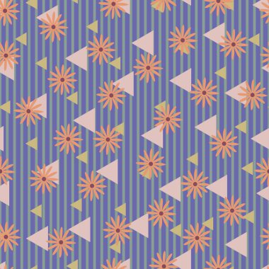 Floral seamless pattern on vertical stripes. Geometric surface design of flowers and triangles clipart