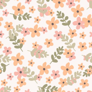 Scandi çiçekli, dikişsiz desen. İskandinav çiçekleri pembe çiçek ve dalların yüzey tasarımı