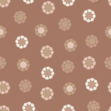 Floral seamless surface pattern design of scandi mandala flowers. Allover print flowery texture of abstract flowers on coffee mocha brown color background.  clipart