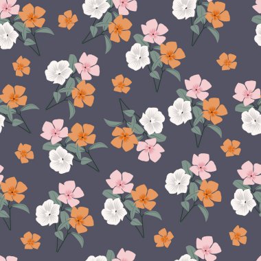 Şekillendirilmiş çiçek ve dalların çiçeksiz yüzey desenleri. Koyu gri arka planda, çok renkli yabani çiçeklerin her biri çiçek desenli.. 