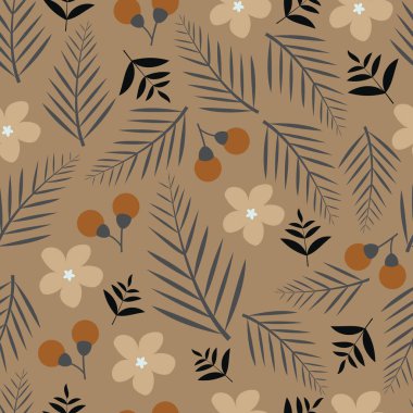 Scandi çiçekleri ve palmiye yaprakları çiçeksiz yüzey deseni tasarımı