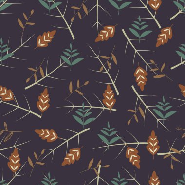 Soyut yaprakların çiçeksiz yüzey deseni. Soyut yaprakların estetik vektör yaprak dokusunu koyu gri arkaplan üzerine yazdır.