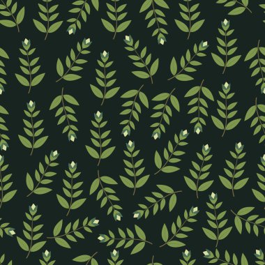 Dalların dikişsiz desenleri. Koyu yeşil arka planda yaprakların soyut dallarının yaprak vektör yüzey tasarımı. 