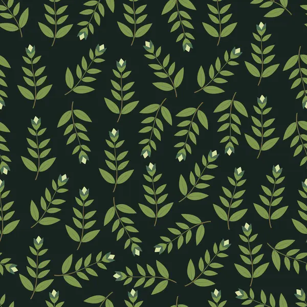 Dalların dikişsiz desenleri. Koyu yeşil arka planda yaprakların soyut dallarının yaprak vektör yüzey tasarımı. 