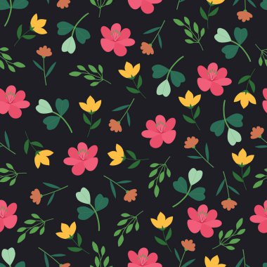 Gece bahçesindeki çiçeklerin pürüzsüz deseni. Çiçek vektör yüzey tasarımı. İskandinav pembe sarı çiçekleri ve yaprakları. Derin akik renk arkaplanındaki çiçekli doku.