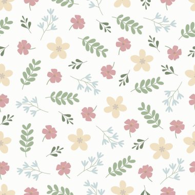 Pastel çiçekleri pürüzsüz desen. İskandinav çiçek ve yapraklarının çiçek vektör yüzey tasarımı. Ekru beyaz arkaplan üzerindeki allover desenli çiçek deseni.