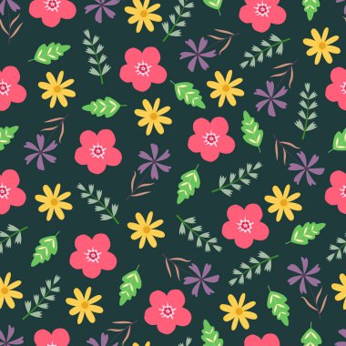 Papatya çiçeği vektörü kusursuz desen. Sıradan papatya ve yaprakların çiçek deseni. Tuğla rengi arkaplanda parlak çiçekli desen.   