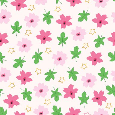Kızarık çiçek vektörleri pürüzsüz desen. Romantik çiçekli yüzey tasarımı. Beyaz arkaplanda allık pembe çiçeklerin, yaprakların ve yıldızların yaprak deseni var..