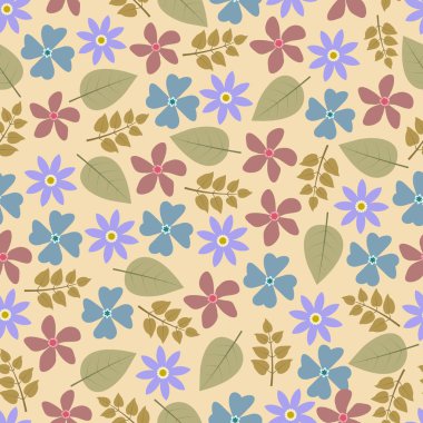 Parlak İskandinav çiçekleri kusursuz desen. Skandi pembe ve mavi çiçeklerin ve yaprakların çiçeksiz yüzey deseni. Kum rengi arkaplanda vektör izin çiçekli desen.  