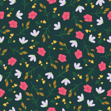 Parlak pembe çiçek vektörü kusursuz desen. Romantik çiçekli yüzey tasarımı. Koyu yeşil arkaplanda allık pembe çiçekler, yapraklar ve böğürtlenlerin yaprak deseni..