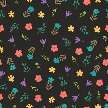 Gece bahçesi çiçekleri kusursuz bir desen oluşturur. Pembe sarı çiçeklerin ve gece yarısı çayır yapraklarının koyu renk çiçekli yüzey tasarımı. Kömür kömürü siyah arkaplan üzerindeki allover desenli çiçek deseni.  