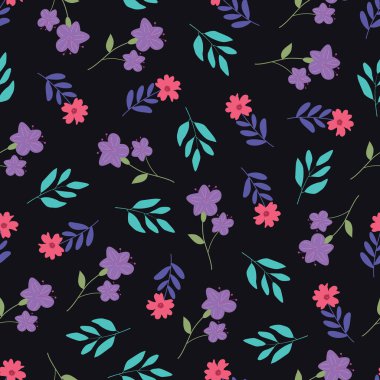 Gece yarısı çiçekleri pürüzsüz desen. Parlak pembe çiçek ve yaprakların koyu renk çiçek yüzey tasarımı. Siyah arkaplanda allover desenli çiçek deseni.  