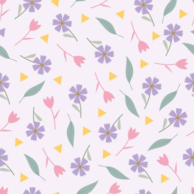 Pembe, mor pastel çiçekler, kusursuz desen. İskandinav çiçek ve yapraklarının çiçek vektör yüzey tasarımı. Açık mor arkaplanda yaz mevsimi çiçekli desen.