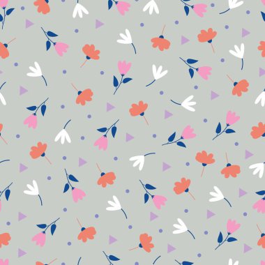 Pembe beyaz pastel çiçekler kusursuz desen. İskandinav çiçeklerinin ve polka noktalarının çiçek vektör yüzey tasarımı. Mavi arkaplanda yaz mevsimi çiçekli desen.