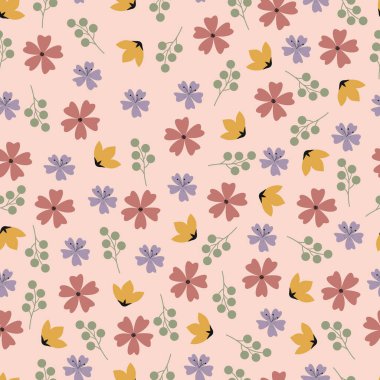 Pembe, mor pastel çiçekler, kusursuz desen. İskandinav çiçeklerinin çiçek vektör yüzey tasarımı. Açık pembe arkaplanda yaz mevsimi çiçekli desen.