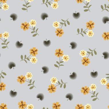 İskandinav çiçekleri kusursuz bir desen çiziyor. Sarı Skandi çiçekleri ve yelpaze palmiye yapraklarının çiçek deseni. Adaçayı yeşili arkaplanda allover desenli çiçek deseni. 