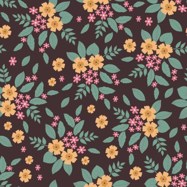 Şekillendirilmiş çiçek vektörsüz desen. Estetik çiçek yüzey tasarımı. İskandinav şeftalisinin çiçekli deseni ve ahşap kahverengi arka planda pembe çiçekler.. 