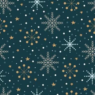 Noel kar taneleri vektörsüz desen oluşturur. Xams tatil yüzey tasarımı. Kar kristallerinin, yıldızların ve beneklerin mutlu noelleri. Mavi arka planda Noel kar yağışı deseni var.